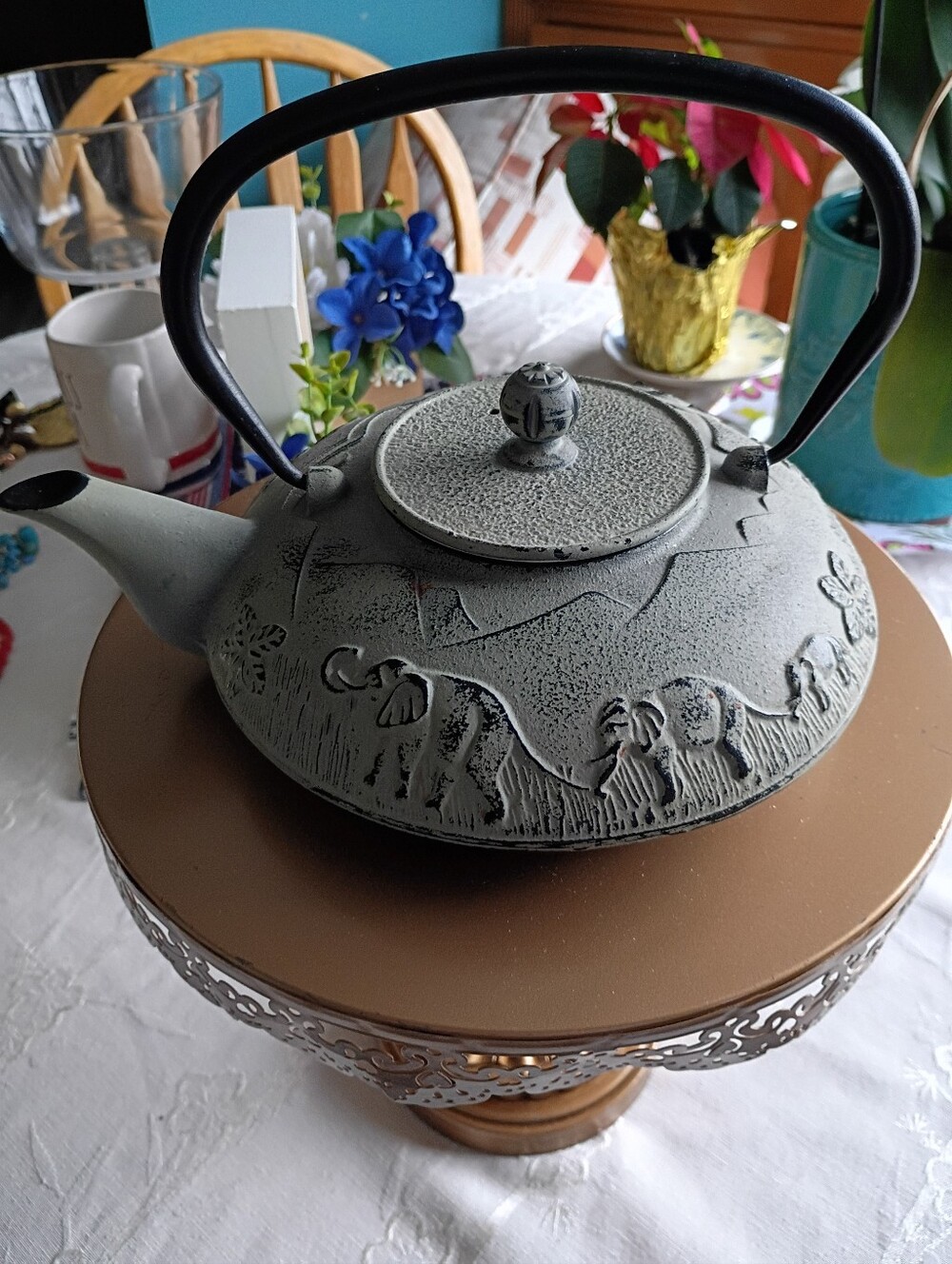 Cast Iron Teapot With Elephant Safari Style Pattern Animals, Early 2000s